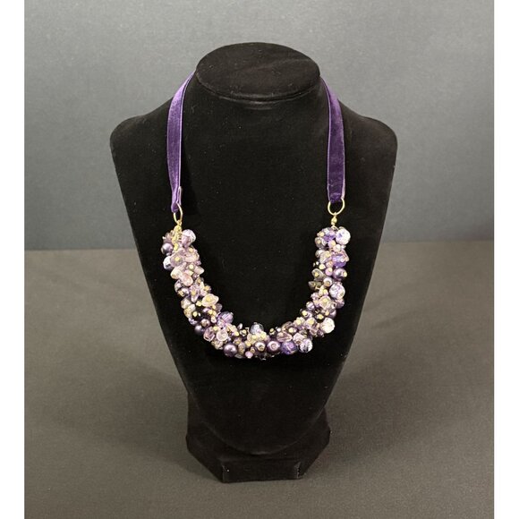 Purple Amethyst Stone & Beaded Cluster Necklace Velvet Ribbon Tie Handcrafted Go - Picture 7 of 8